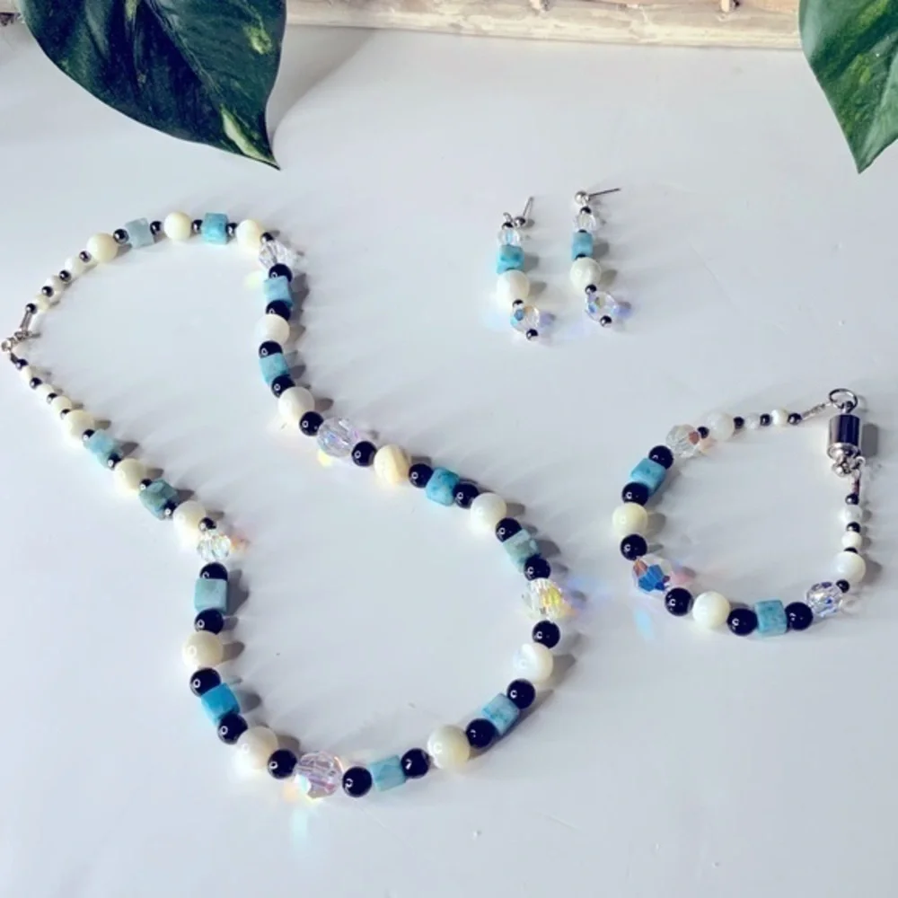 Blue Angelite Cubes Black, White Beads & Crystal Jewelry Set